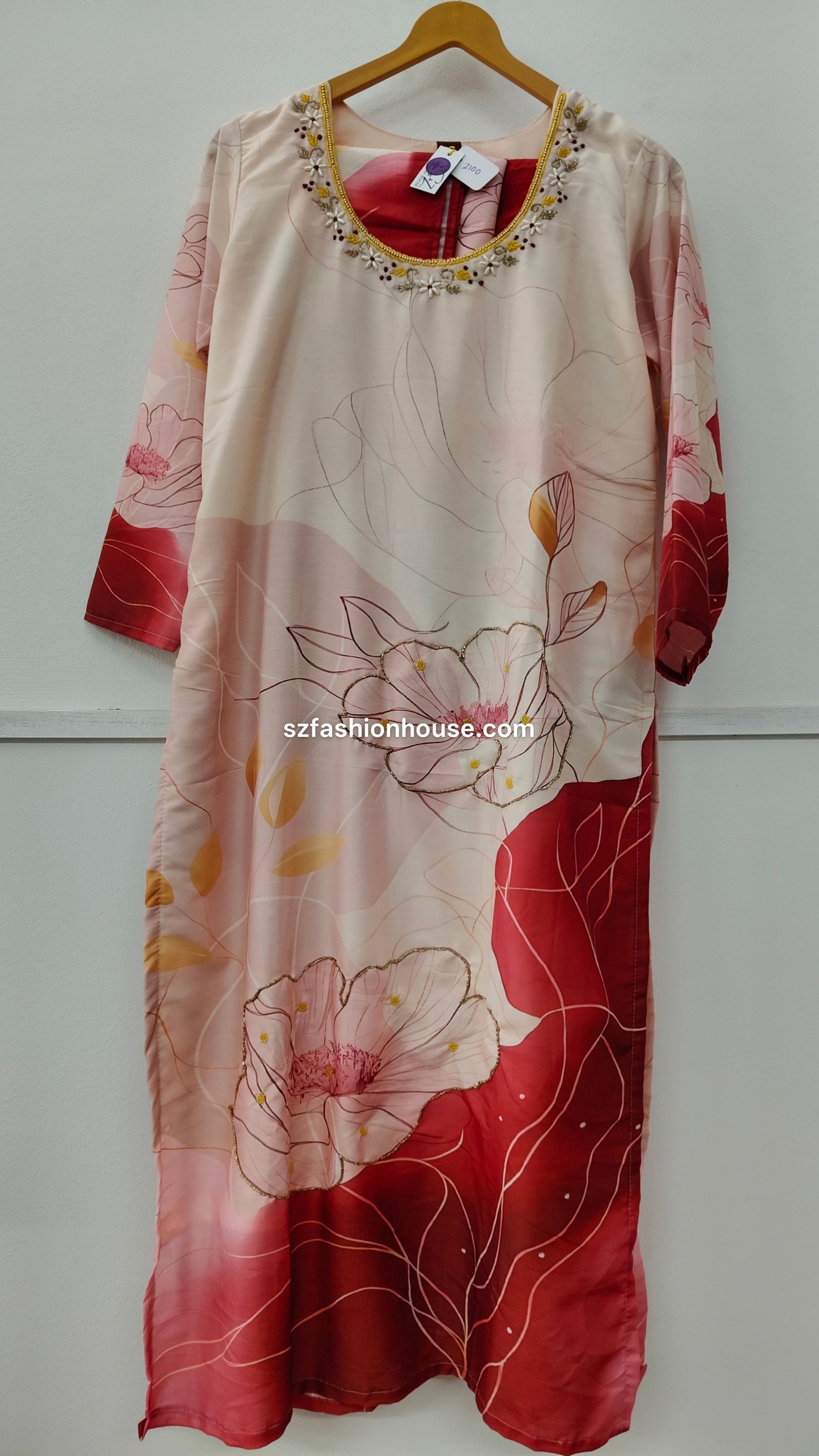 Floral dress with red and beige pattern