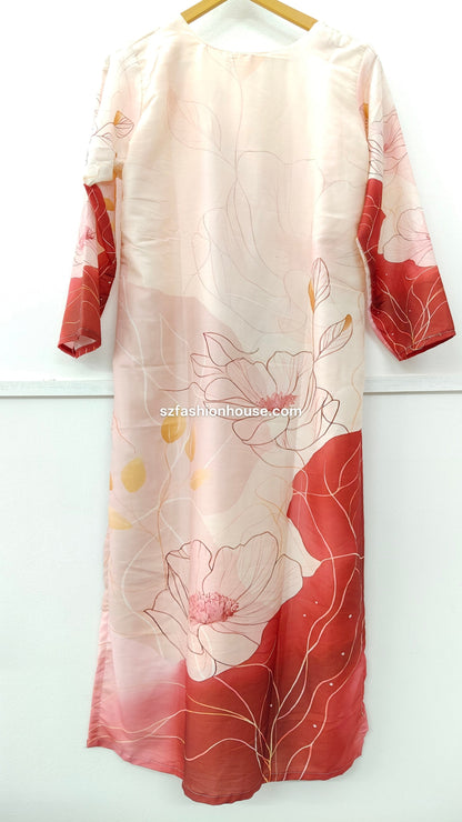 Floral patterned dress with red and white design