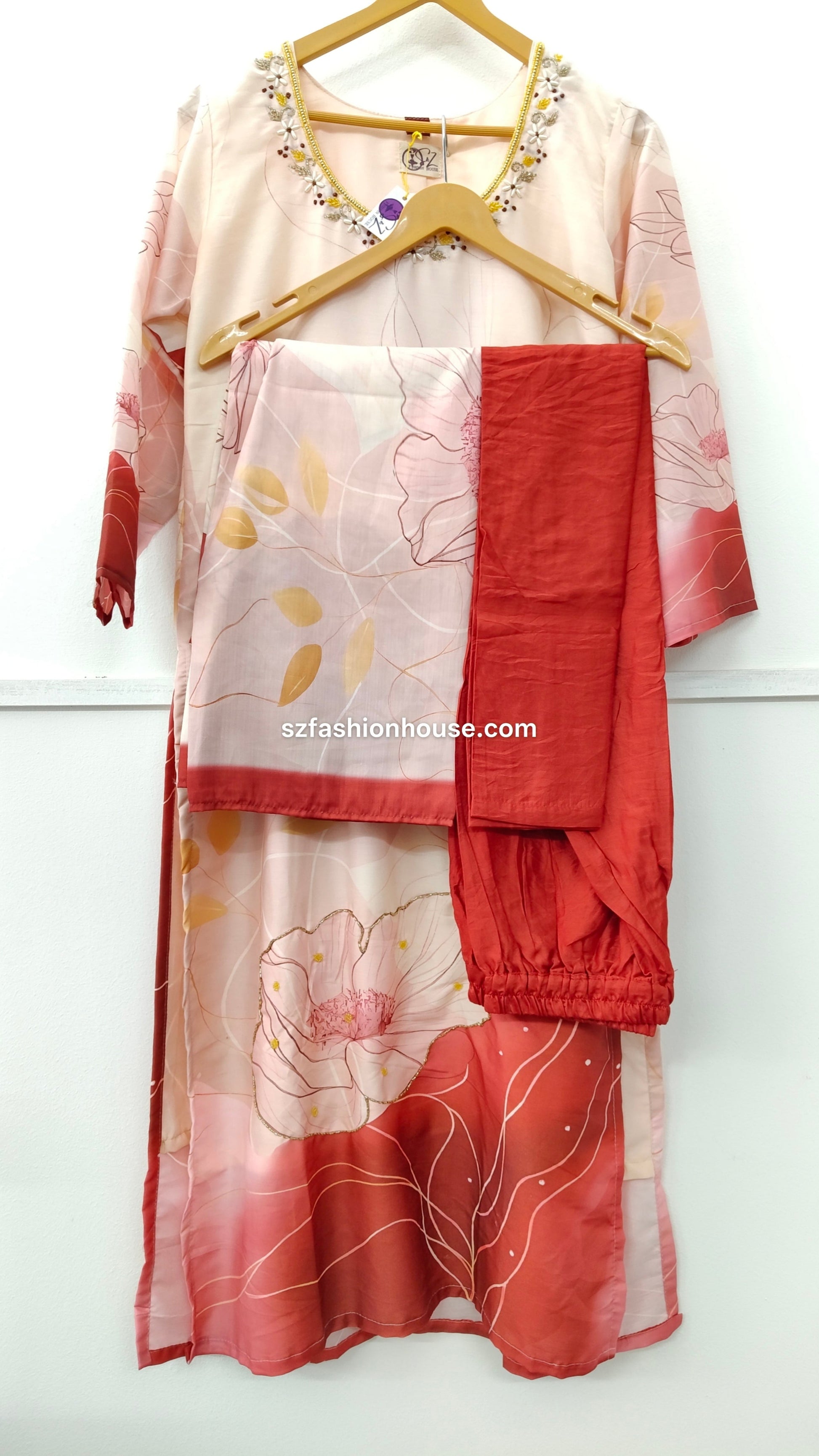 Floral dress with a printed dupatta and red pant