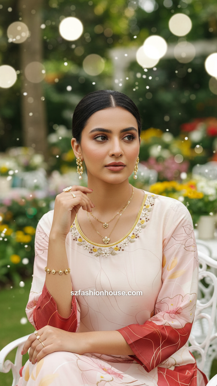 Woman in a pink traditional outfit sitting outdoors with blurred lights and flowers in the background. Floral dress with a printed dupatta and red pant