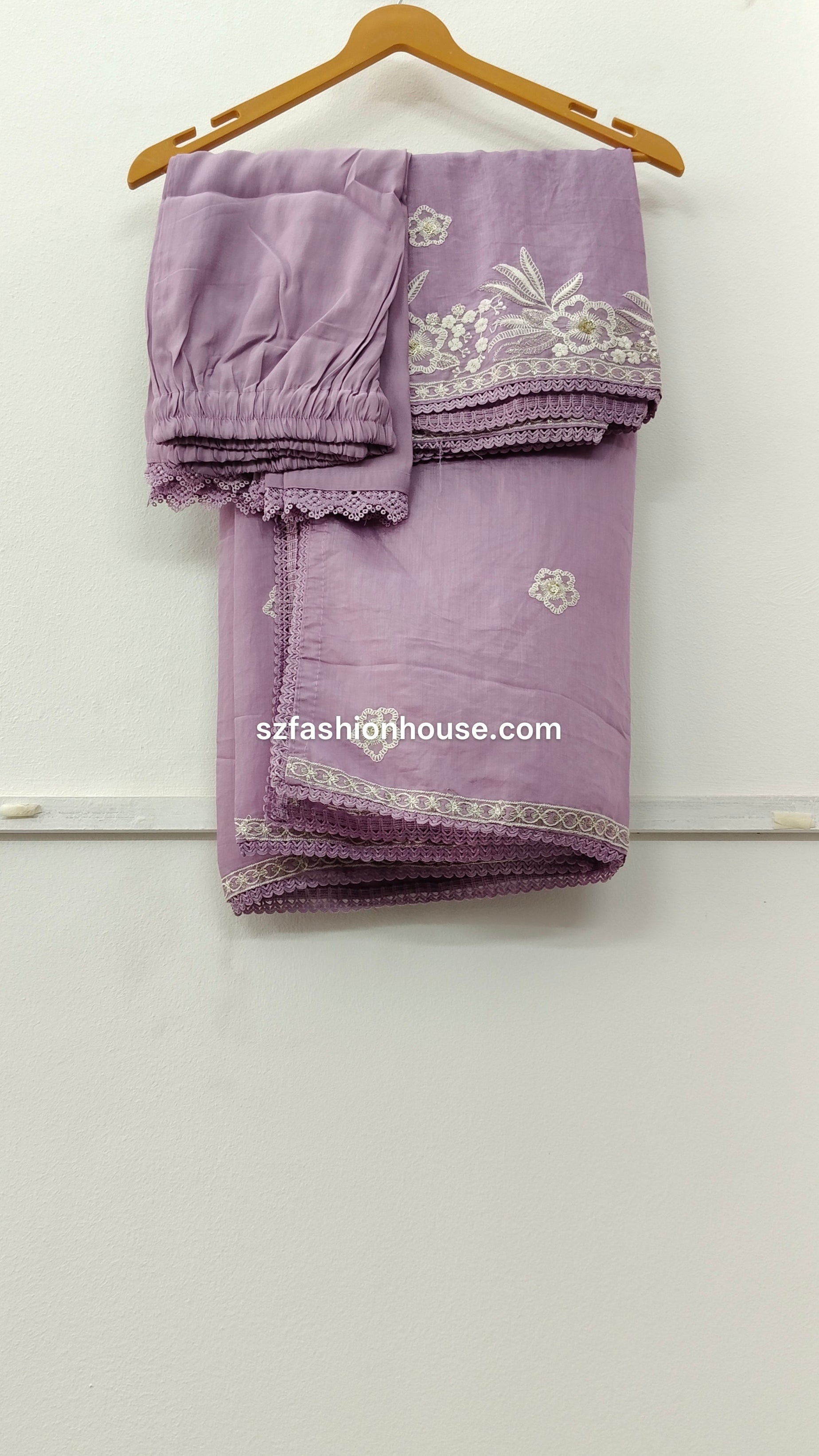 Purple dupatta with floral embroidery and cotton pant  