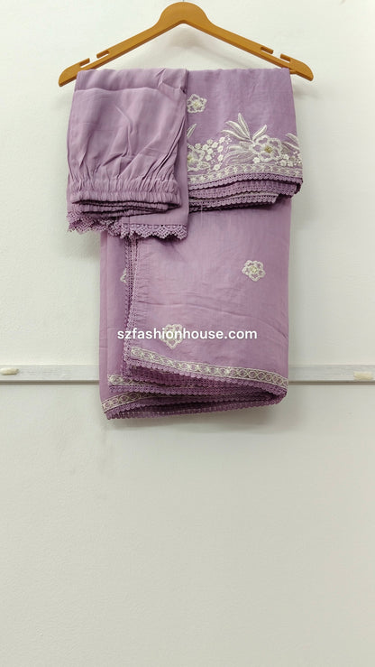 Purple dupatta with floral embroidery and cotton pant  