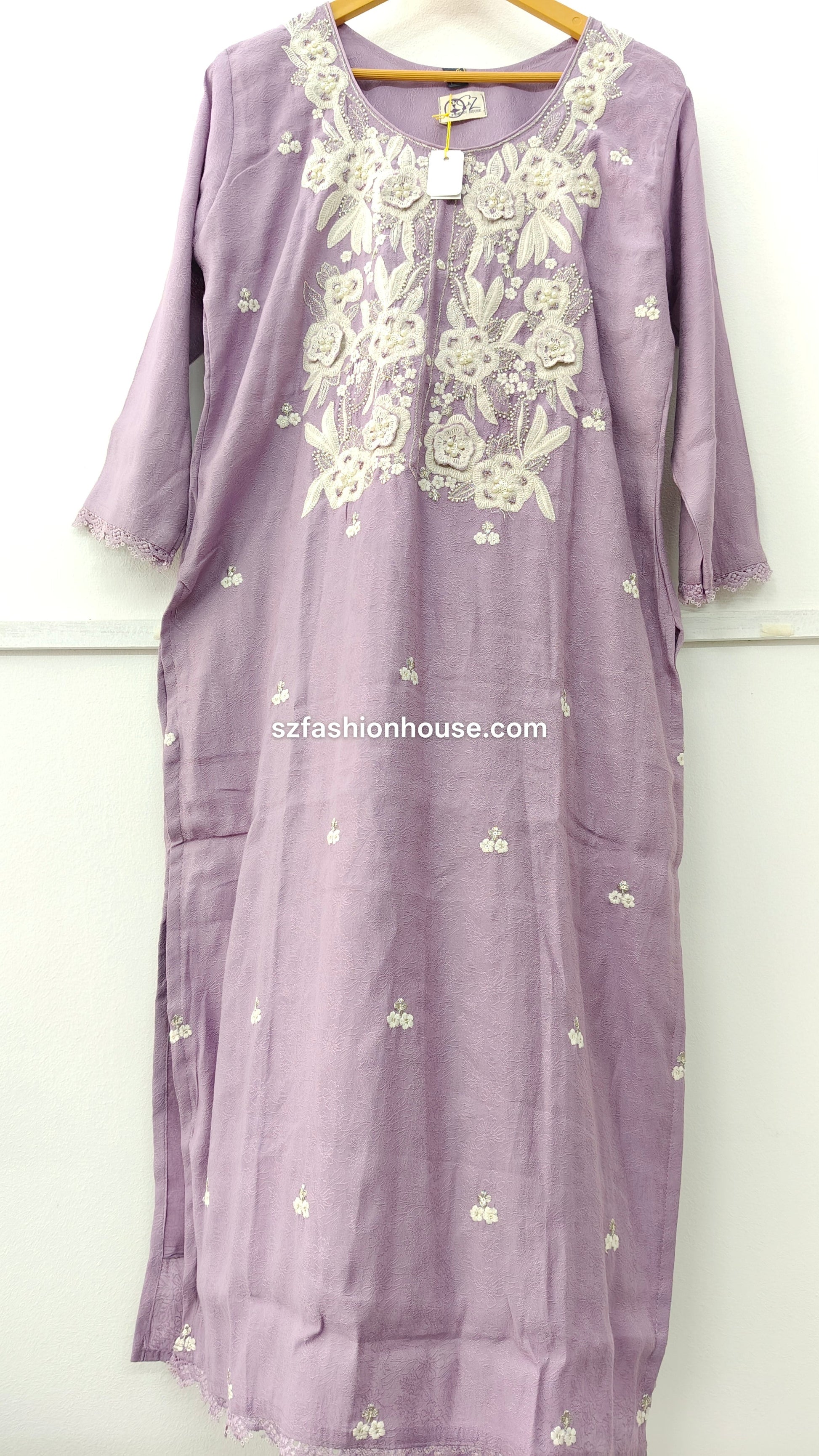 Purple dress with white floral embroidery 