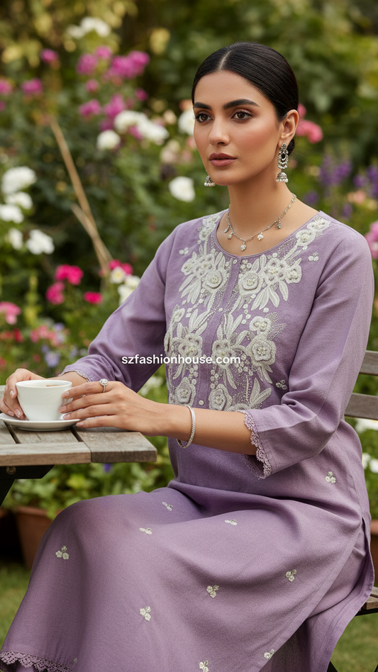 Woman in a purple embroidered outfit sitting outdoors with flowers in the background. Purple traditional outfit with white embroidery 