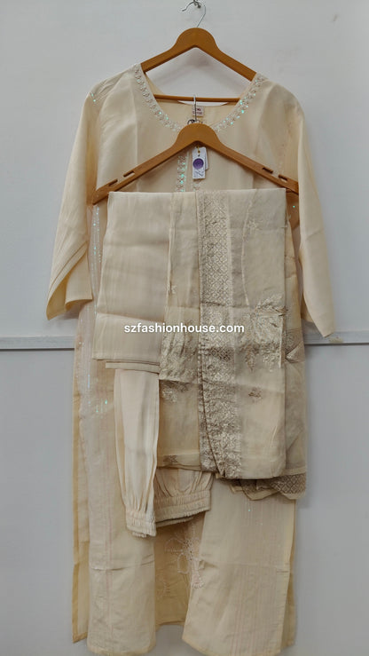 Beige traditional outfit with kurta, dupatta and pant