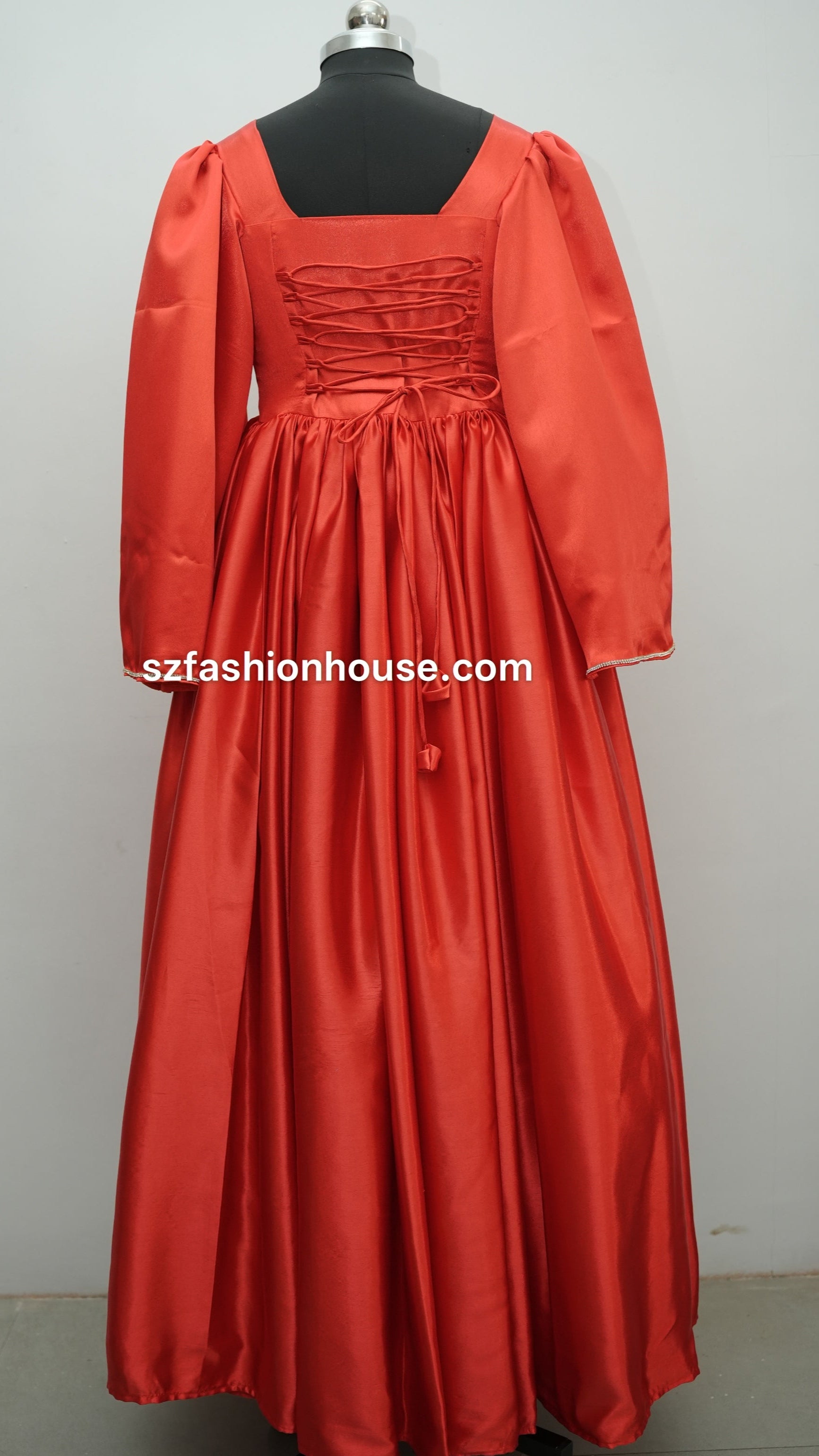 red designer gown, red satin gown, party wear gown for women, elegant red evening gown, luxury satin dress, designer gown online India, reception wear gown, engagement party dress, wedding guest gown, modest designer gown, flared satin gown, long sleeve party wear dress, premium red gown, formal evening dress, S&Z Fashion House designer gown, women's luxury gown India, modest wear, modest fashion, modest
