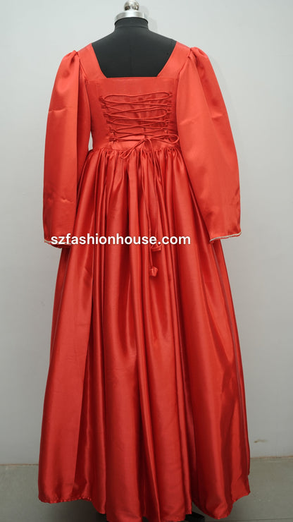 red designer gown, red satin gown, party wear gown for women, elegant red evening gown, luxury satin dress, designer gown online India, reception wear gown, engagement party dress, wedding guest gown, modest designer gown, flared satin gown, long sleeve party wear dress, premium red gown, formal evening dress, S&Z Fashion House designer gown, women's luxury gown India, modest wear, modest fashion, modest