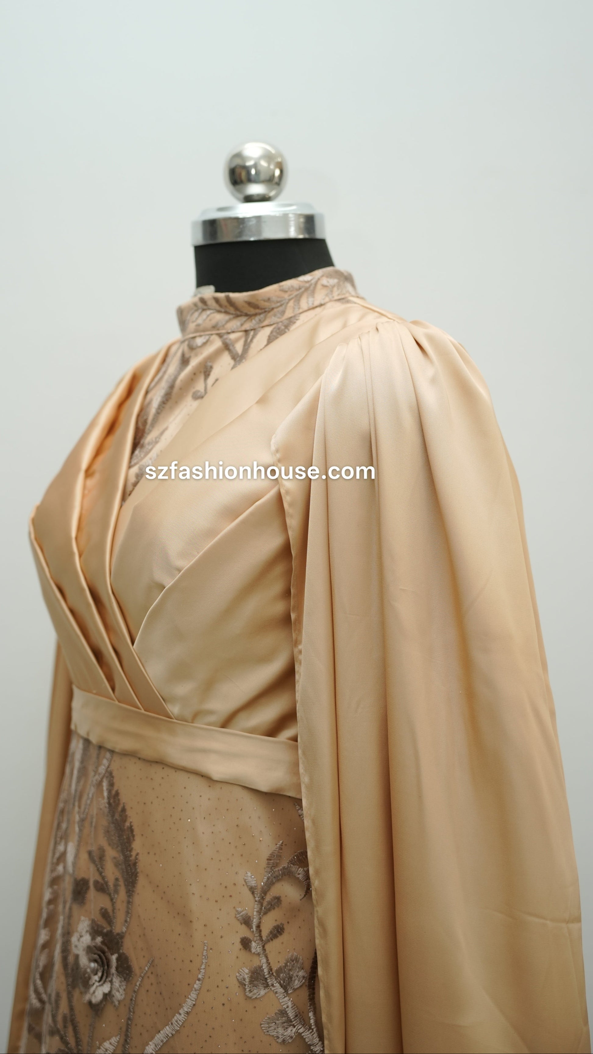 cream designer gown, embroidered cape gown, luxury evening gown, satin designer dress, formal gown for women, reception wear gown, engagement party dress, elegant cream gown, floral embroidered gown, wedding guest dress India, premium designer gown, modest luxury gown, cape sleeve gown, party wear gown for women, S&Z Fashion House gown, designer evening wear India,
modest wear, modest, modest collection, modest dress