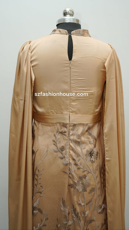 cream designer gown, embroidered cape gown, luxury evening gown, satin designer dress, formal gown for women, reception wear gown, engagement party dress, elegant cream gown, floral embroidered gown, wedding guest dress India, premium designer gown, modest luxury gown, cape sleeve gown, party wear gown for women, S&Z Fashion House gown, designer evening wear India,
modest wear, modest, modest collection, modest dress